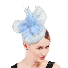 Small Light Blue Pillbox Fascinator With Sinamay Panel And Feather Flower For Wedding Church Party